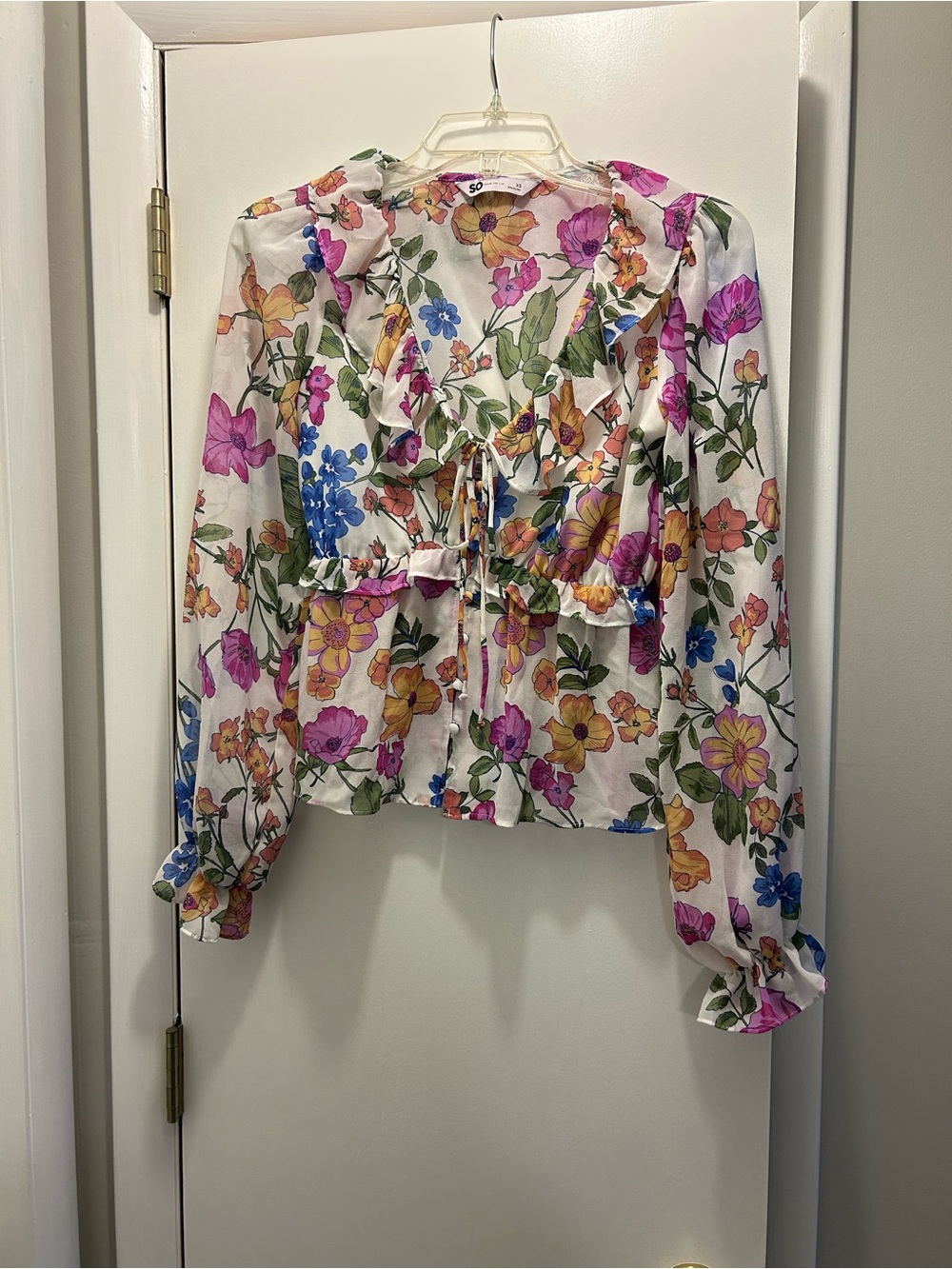 Floral Tie-Front Long-Sleeve Blouse - White/Pink/Yellow
